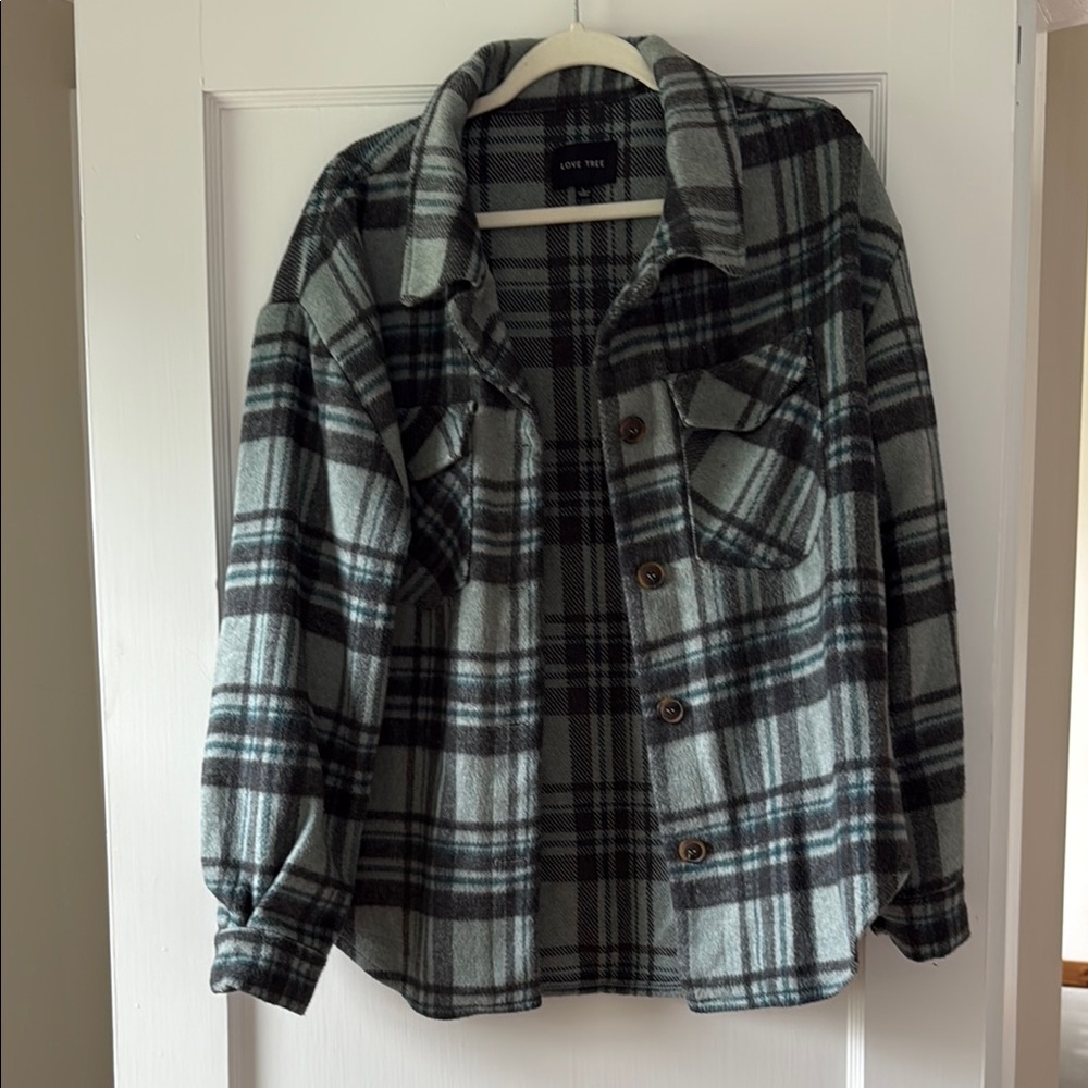 Love Tree Gray and Blue Plaid Shirt Jacket